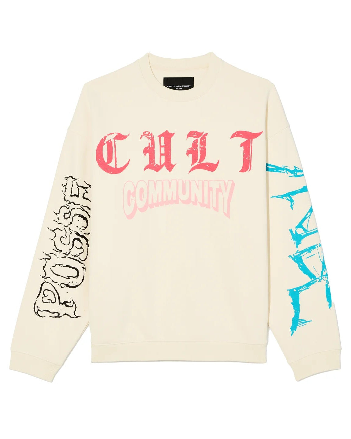 Cream-colored sweater with red and blue text and graphics on a white background