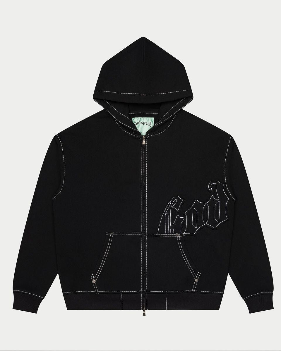 Black hoodie with a logo on a light gray background