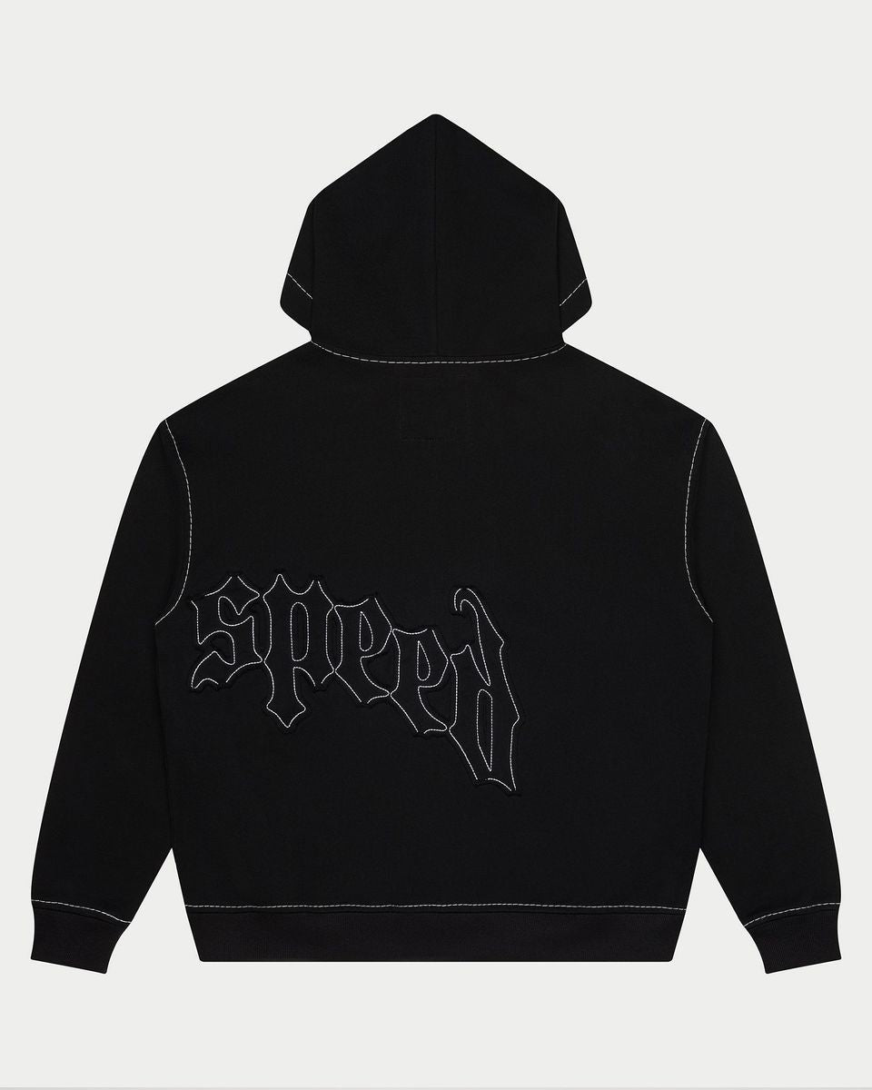 Black hoodie with 'Speed' text on the back against a white background