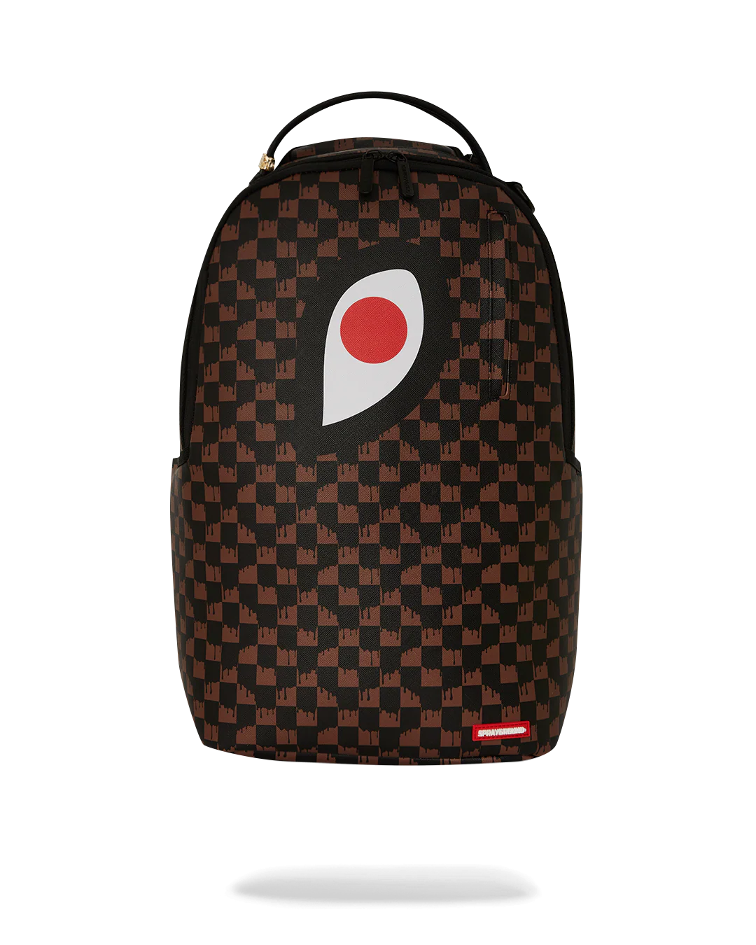 Backpack with a checkered pattern and red and white eye logo on a white background by the brand Sprayground