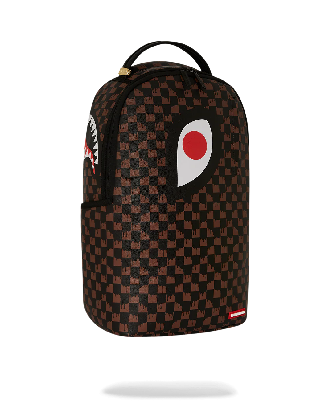 Backpack with a checkered pattern and red and white eye logo on a white background by the brand Sprayground