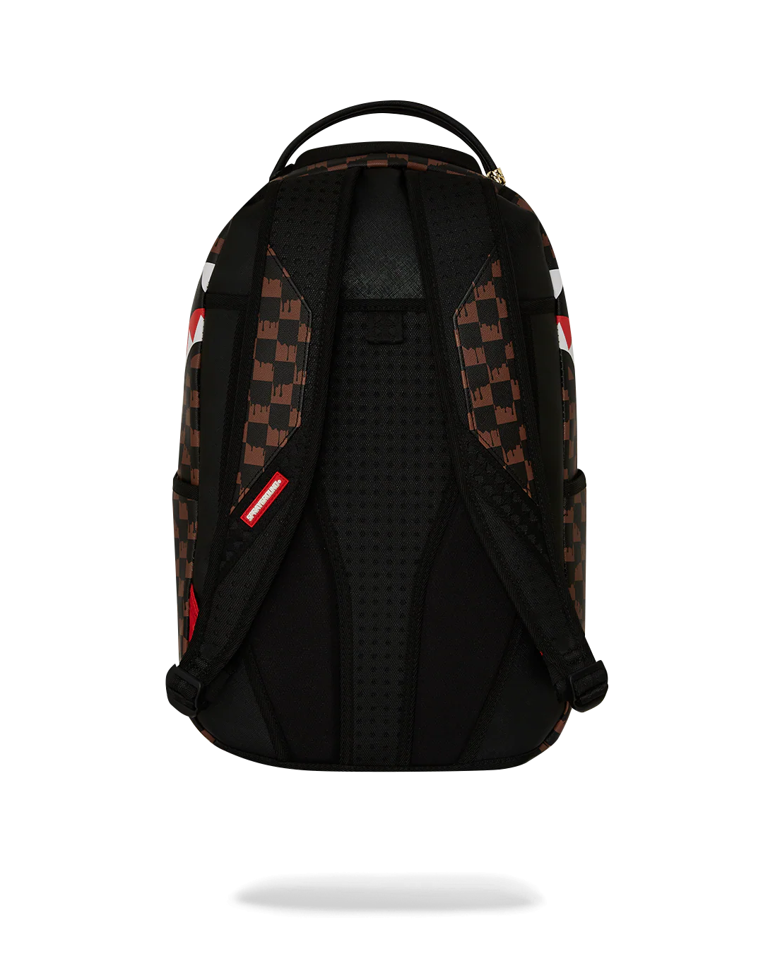 Black backpack with brown checkered pattern on a white background by sprayground