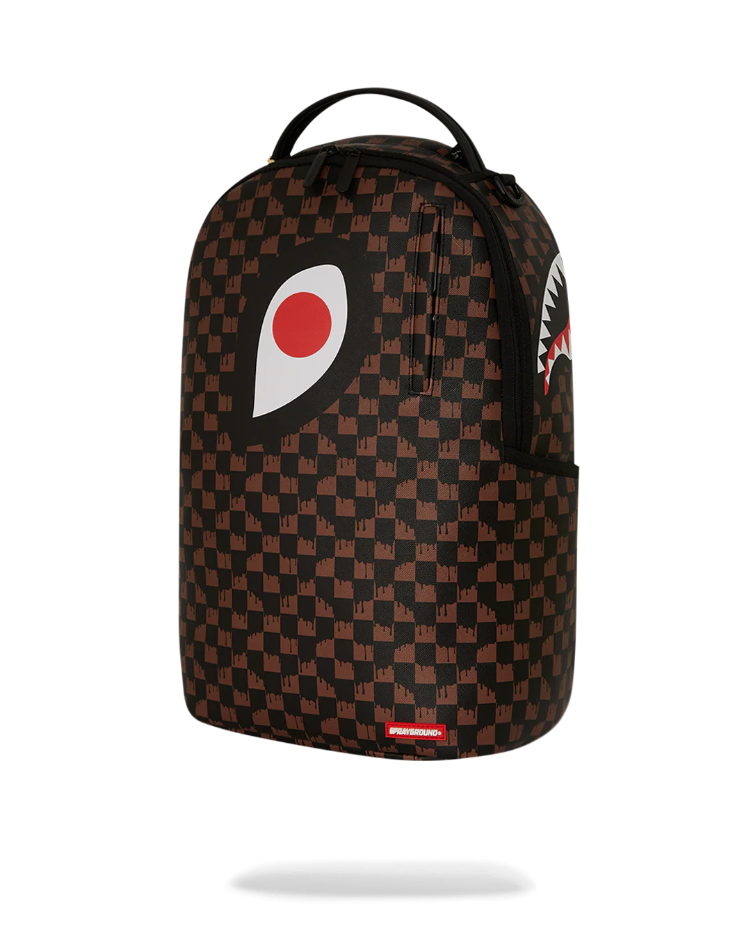 Backpack with a checkered pattern and red and white eye logo on a white background by the brand Sprayground