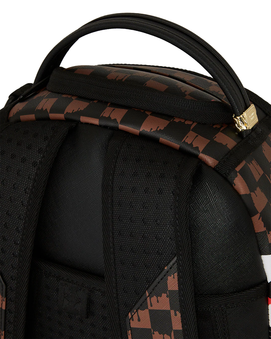 Backpack with a checkered pattern and red and white eye logo on a white background by the brand Sprayground