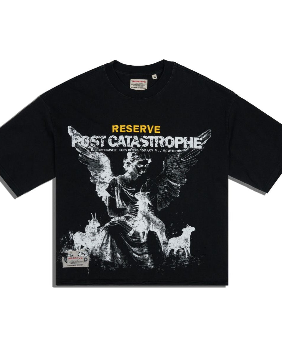 Black t-shirt with graphic design and text in white and yellow