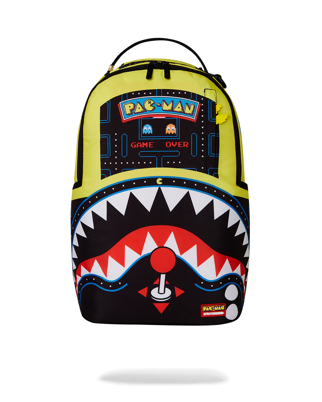 Pac-Man themed sprayground backpack with colorful design on a white background