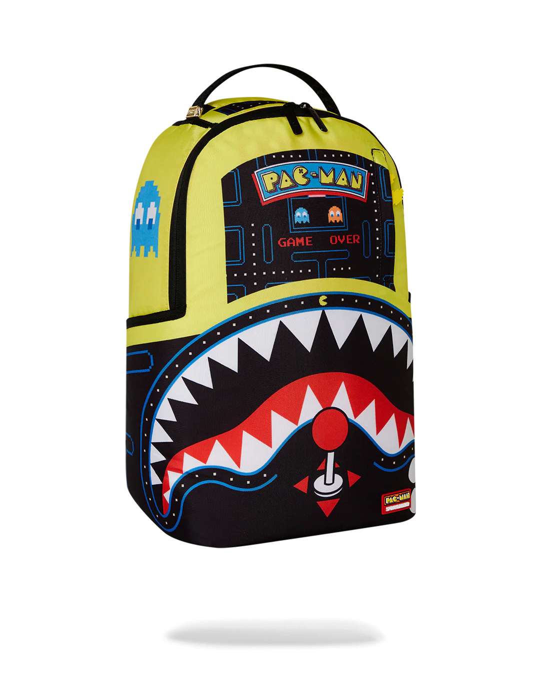 Pac-Man themed sprayground backpack with colorful design on a white background