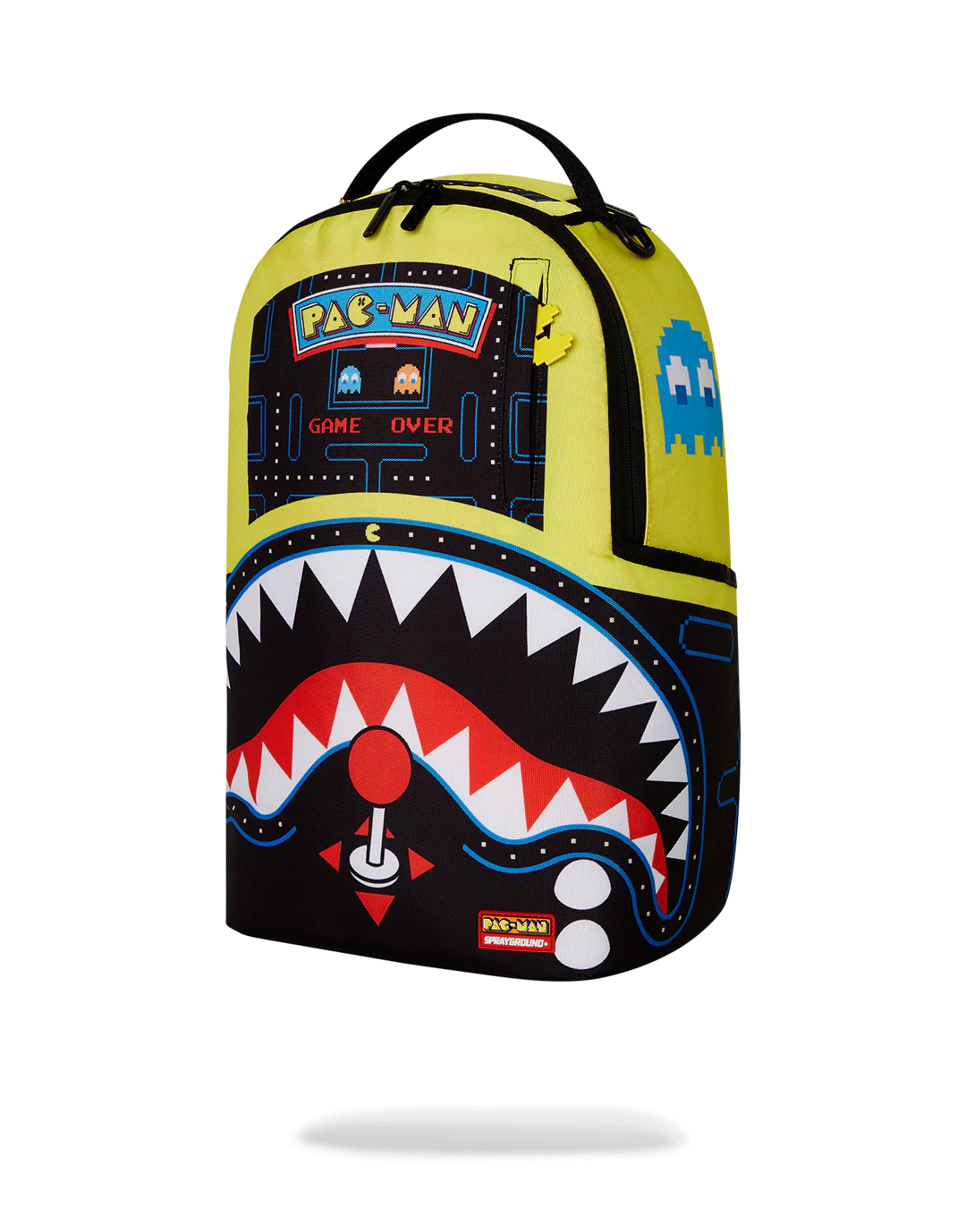 Pac-Man themed sprayground backpack with colorful design on a white background