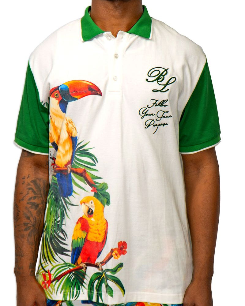 Blac leaf paradise vibes polo tee in white and green