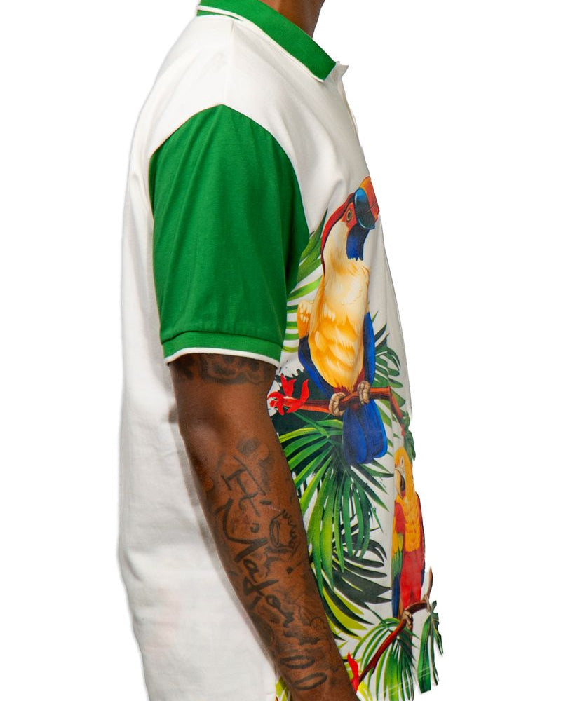 Blac leaf paradise vibes polo tee in white and green