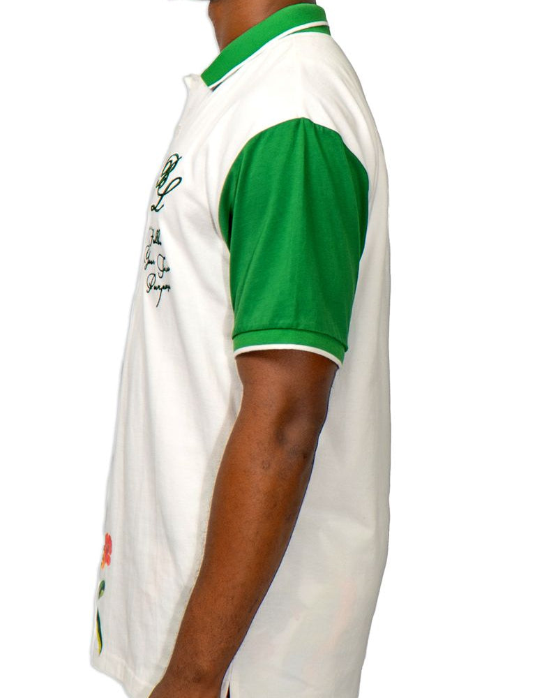 Blac leaf paradise vibes polo tee in white and green