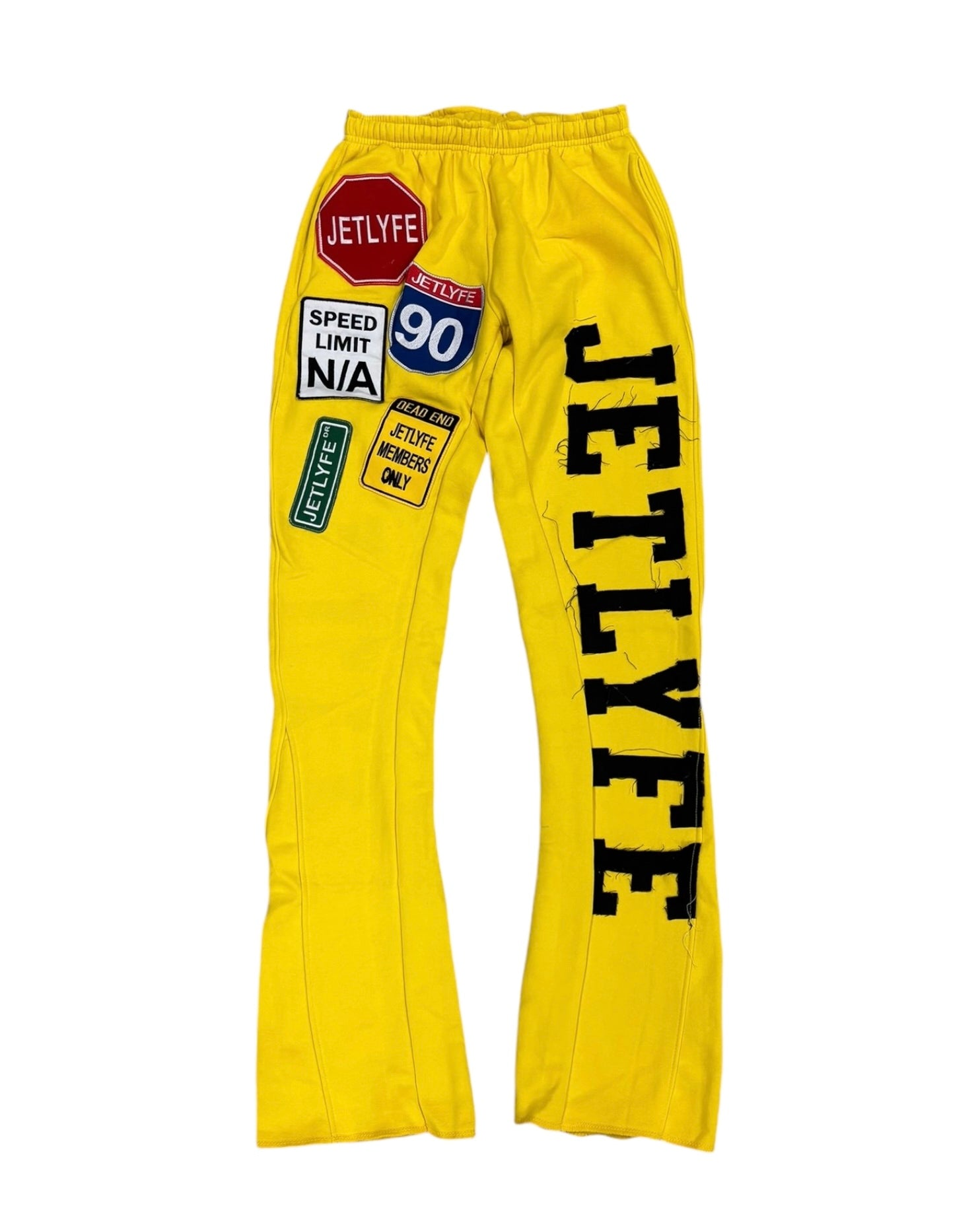 patched up flare set joggers in yellow by jetlyfe
