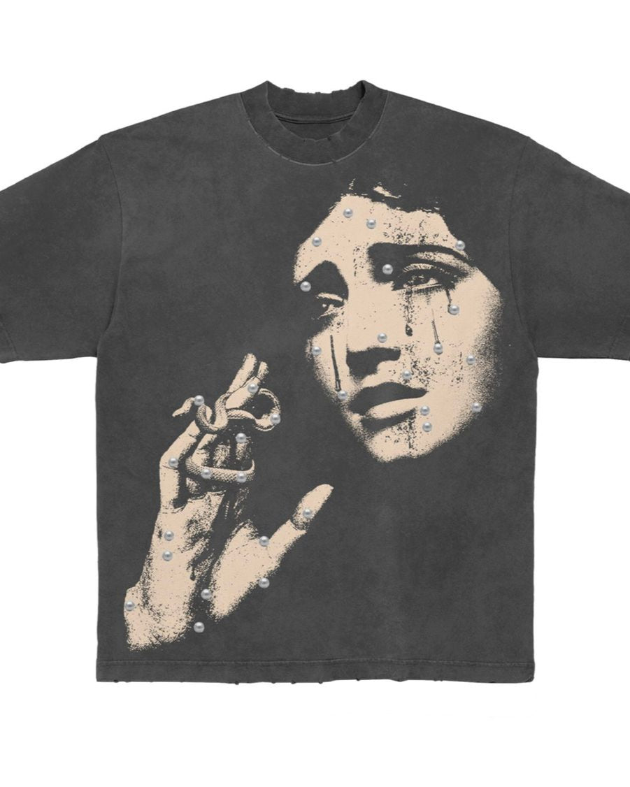 Black t-shirt with a graphic design of a woman's crying face and hand on a white background