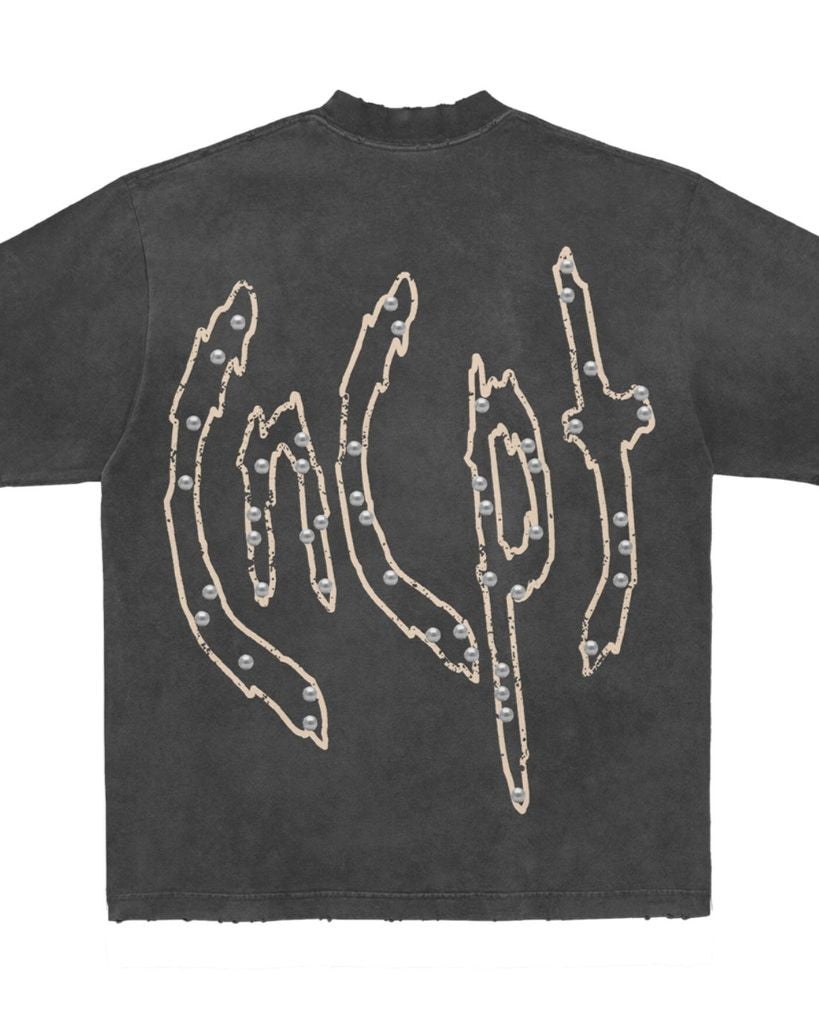Black t-shirt with white graphic design on the back against a white background