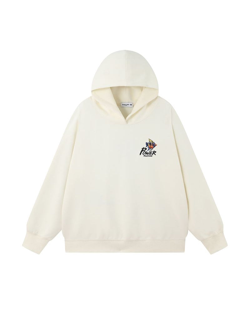 Cream hoodie with a small logo on a white background
