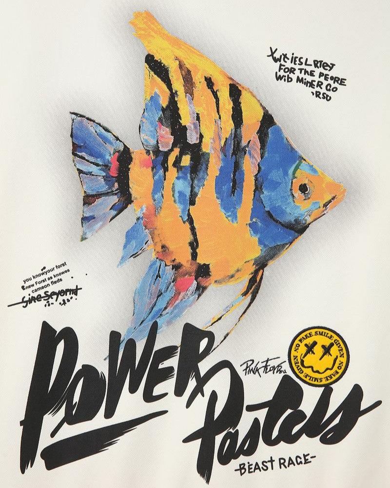 Colorful fish illustration with 'Power Pastels' branding on a white background