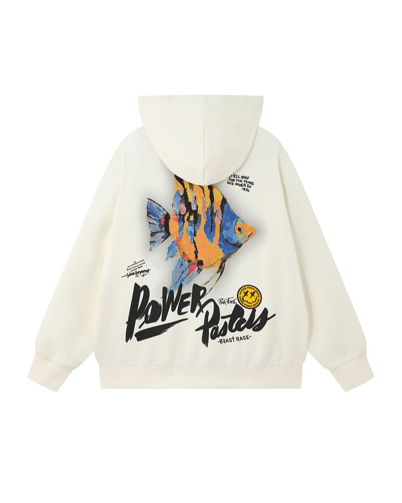 cream hoodie with colorful graphic design on a white background