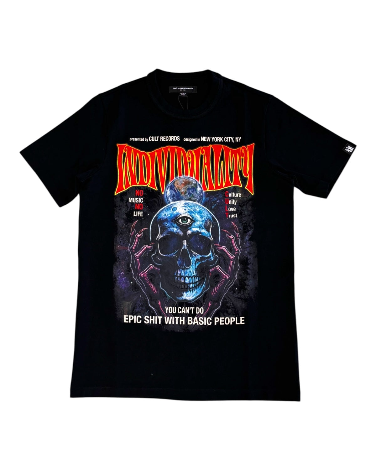 Black t-shirt with a graphic design featuring a skull and text on a white background