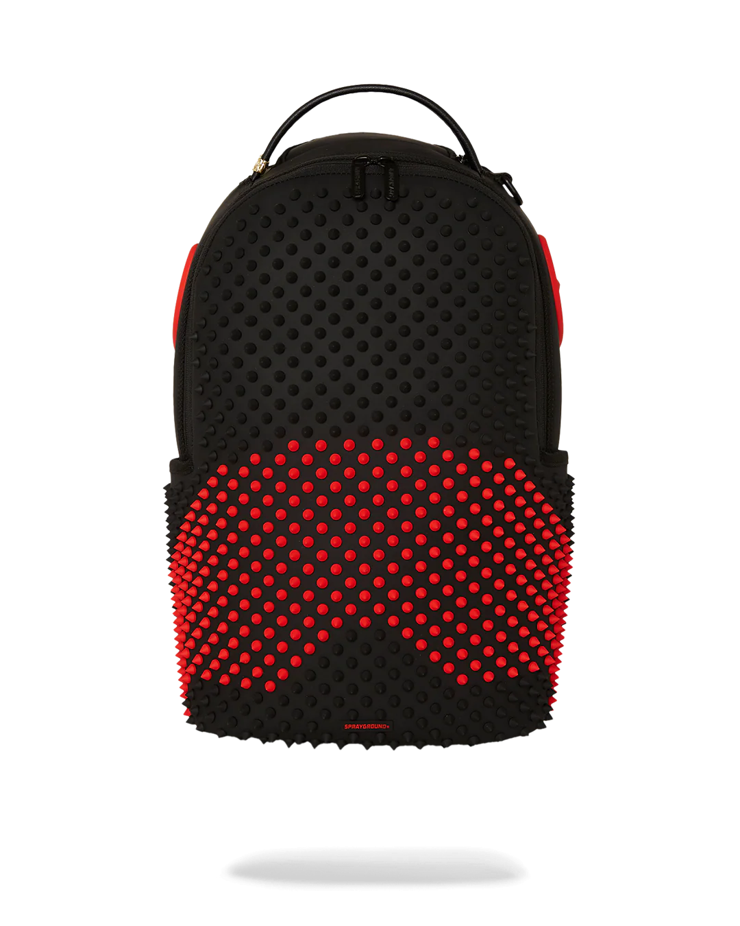 sprayground Black backpack with red and black spikes on a white background
