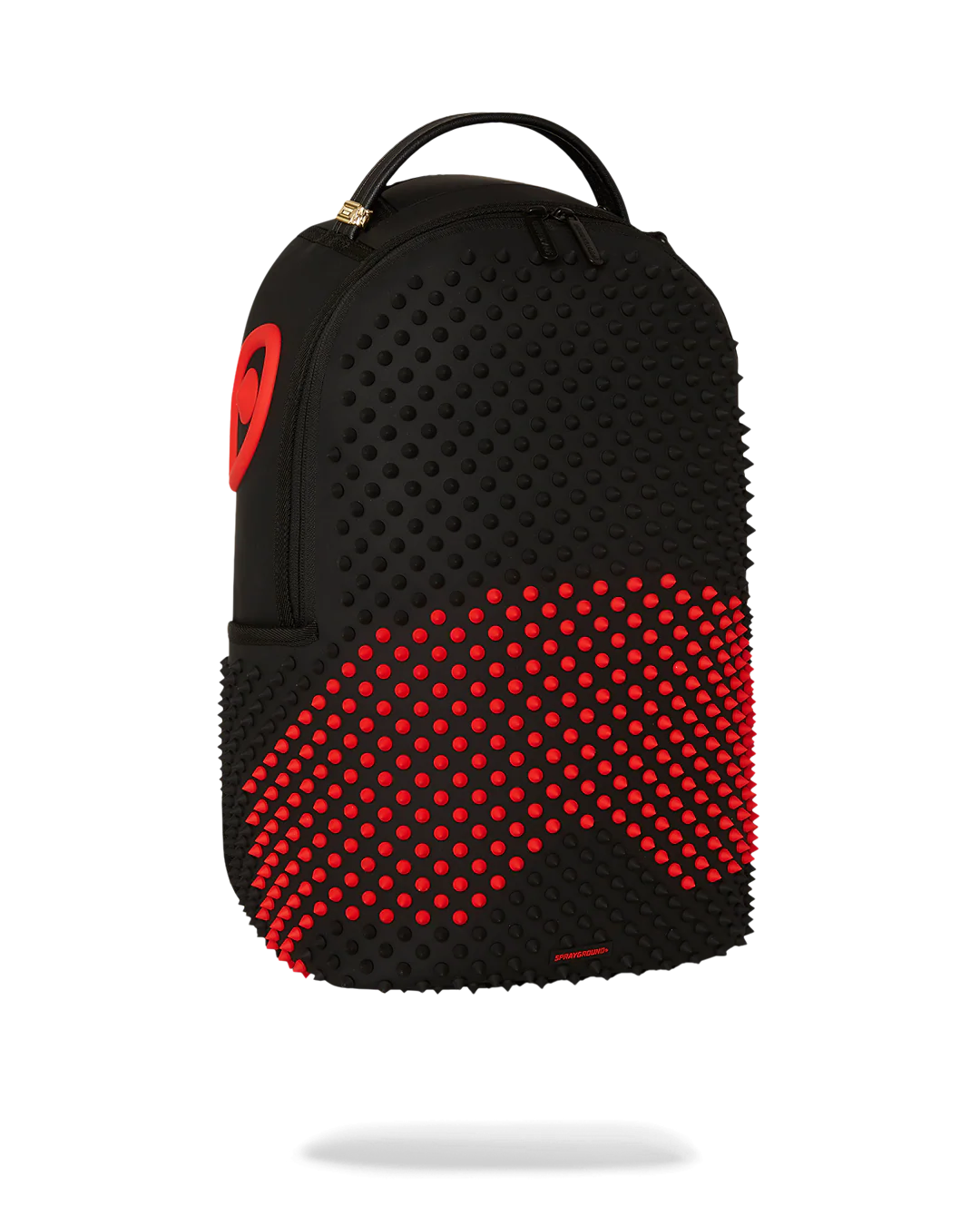 sprayground Black backpack with red and black spikes on a white background