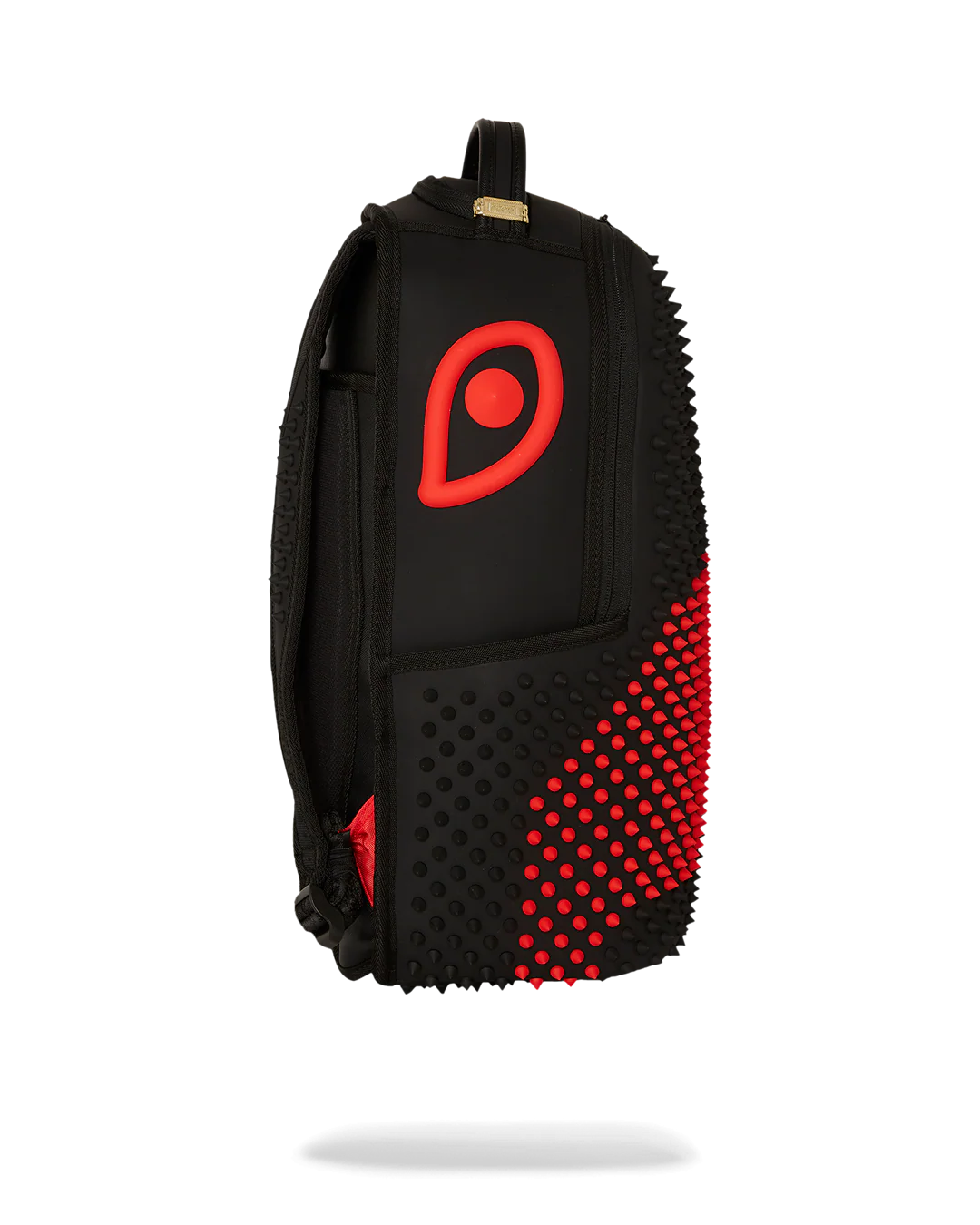 sprayground Black backpack with red and black spikes on a white background
