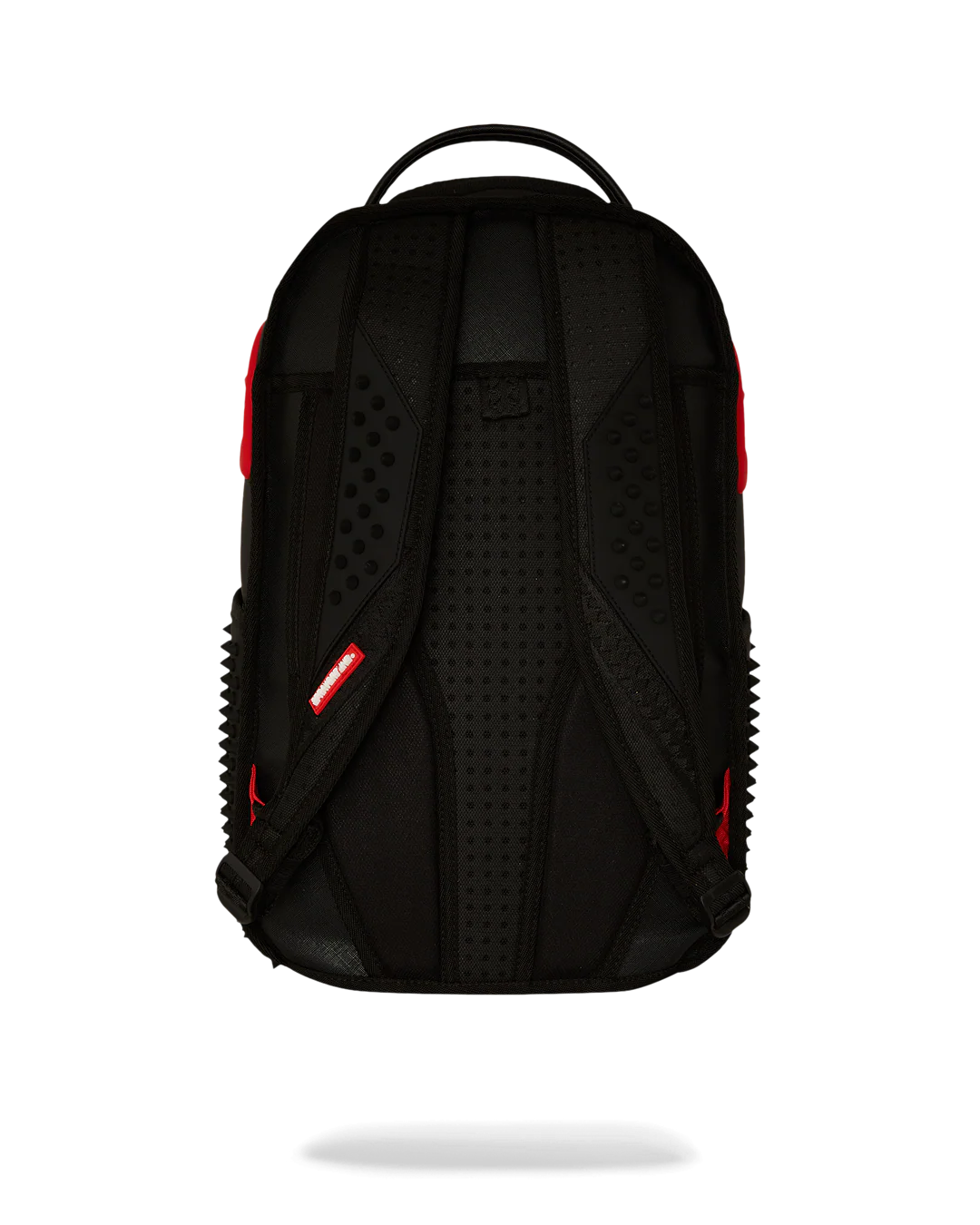 sprayground Black backpack with red and black spikes on a white background