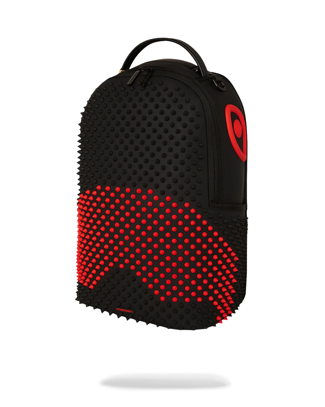 sprayground Black backpack with red and black spikes on a white background