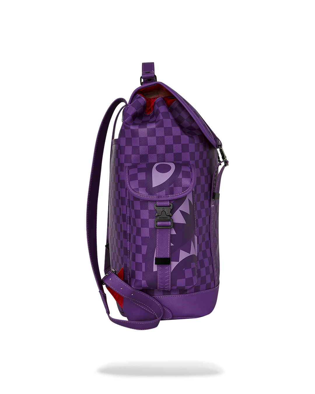 all systems go monte carlo spraygroung backpack with checker board pattern adn shark mouth design in purple