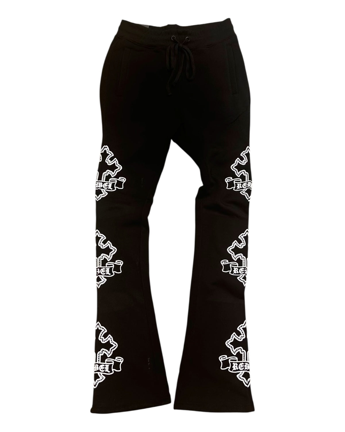 Black flared pants with white logo pattern on a white background