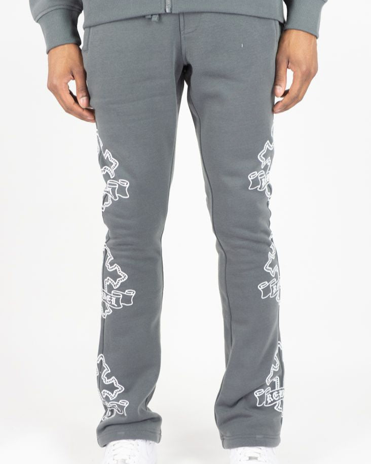 Gray sweatpants with white graphics on a white background