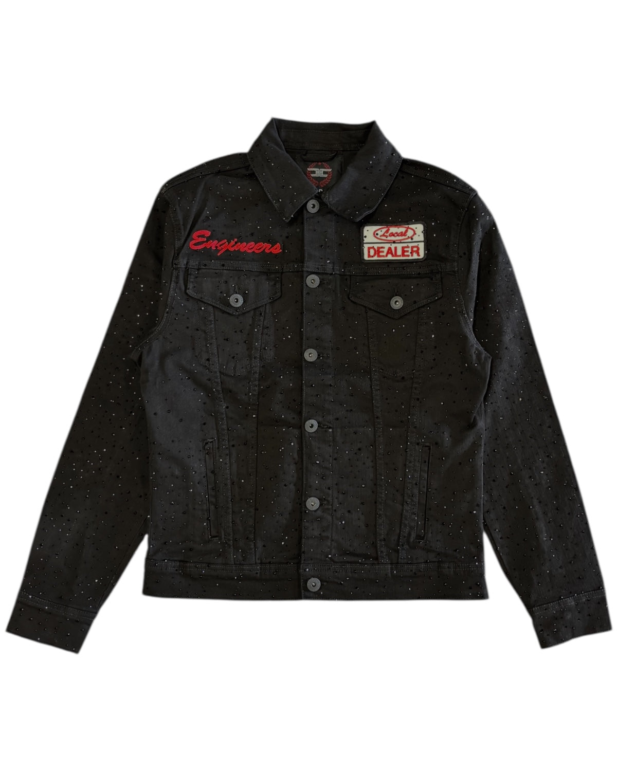 Black denim jacket with embroidered text on a white background