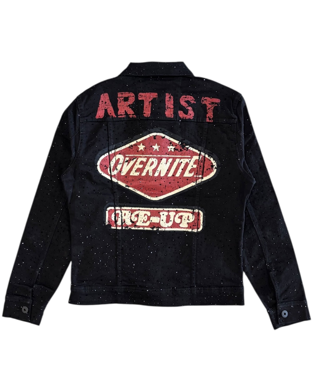 Black denim jacket with red and white text on the back against a white background