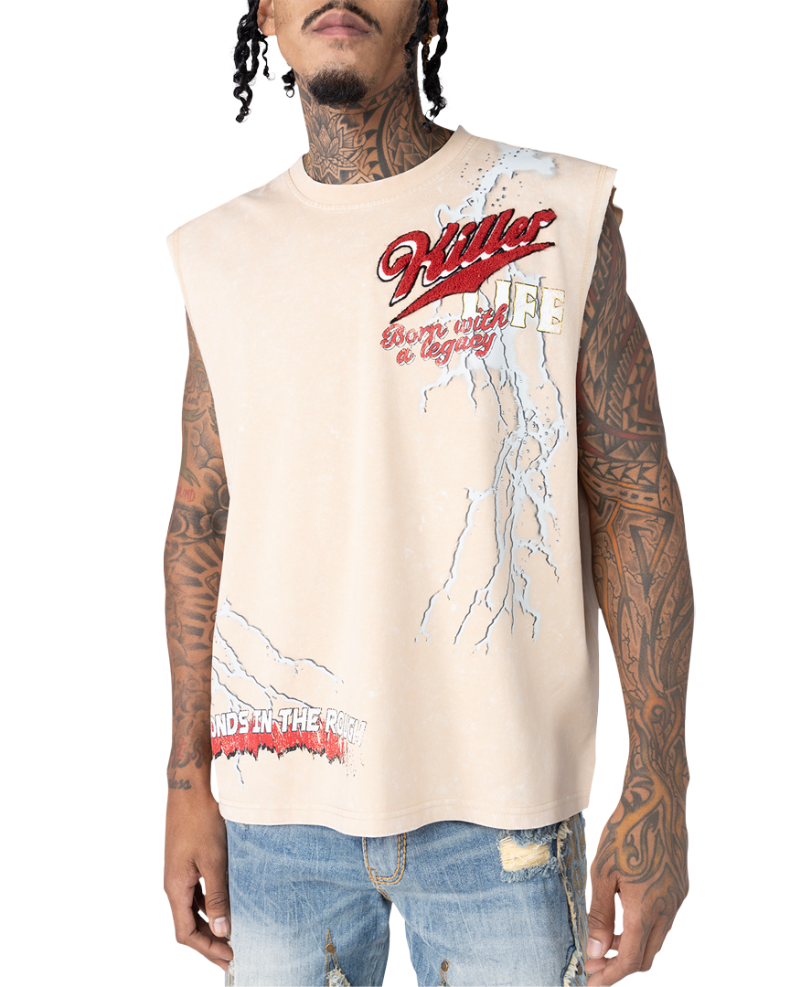 Smoke rise rhinestones killer muscle shirt in clay color