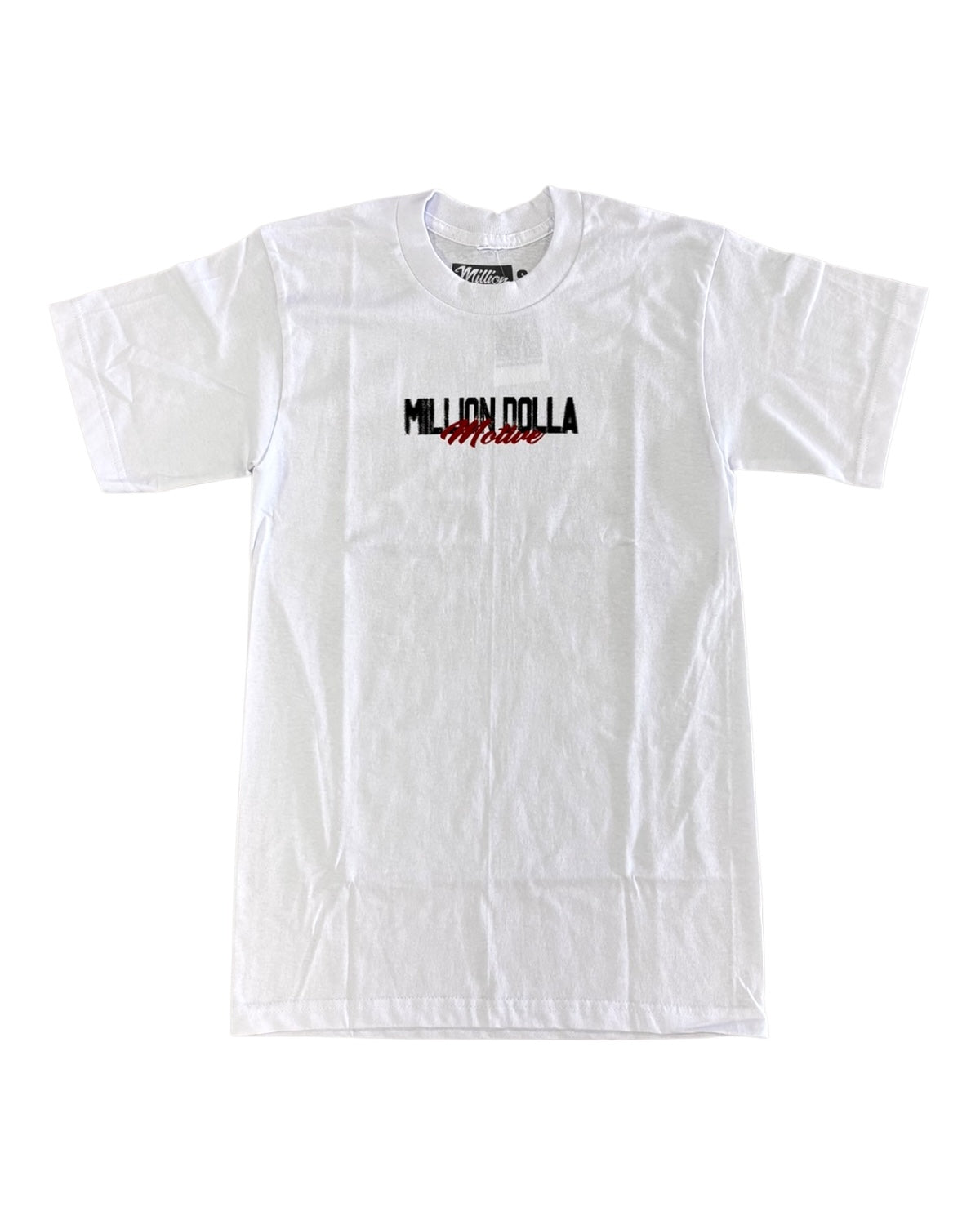 White Rich Risk Mentality tee by Million Dolla Motive with large black and red back print, pairs with Flu Game 12s