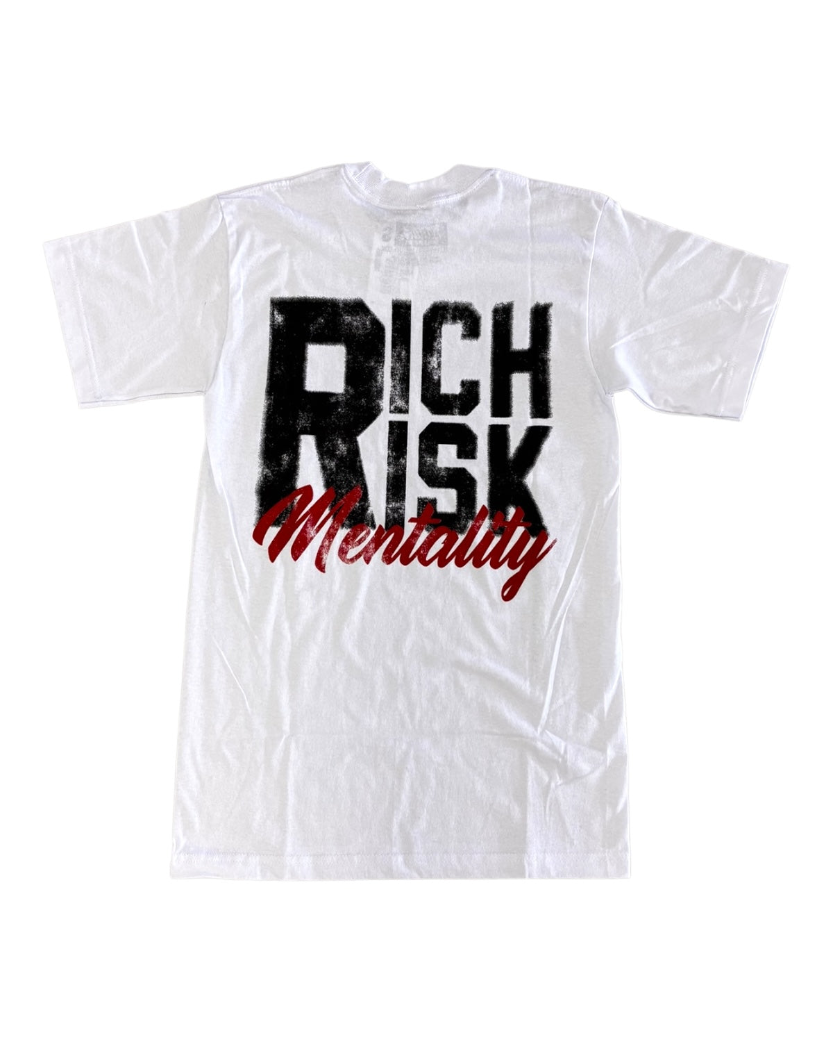 White Rich Risk Mentality tee by Million Dolla Motive with large black and red back print, pairs with Flu Game 12s