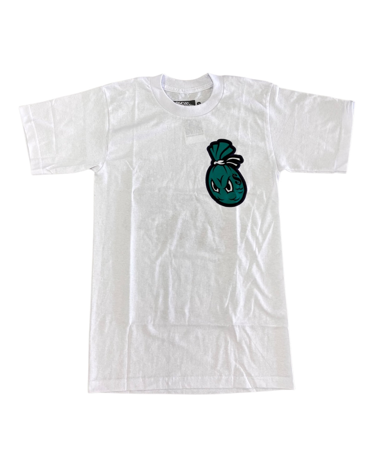 Front of white Roll In Style shirt showing small teal money bag print, ideal for urban streetwear looks
