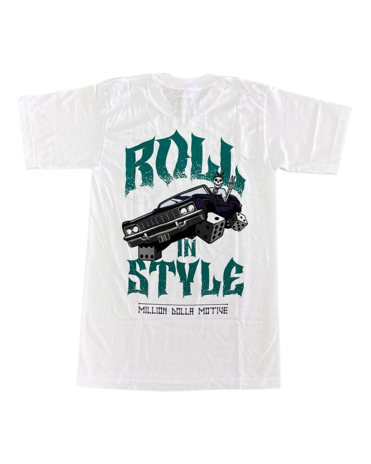 Back of white Roll In Style tee by Million Dolla Motive with dice and lowrider graphic, perfect with Grape Jordan 5s