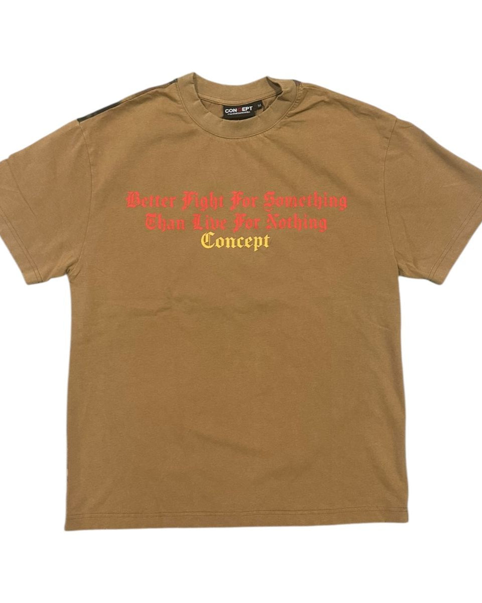 Brown t-shirt with red and white text on a white background