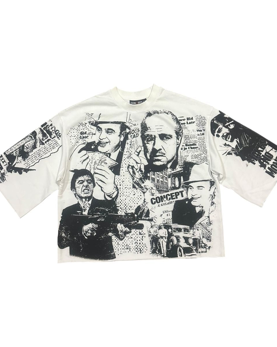 White t-shirt with black graphic designs of a famous actor on a white background