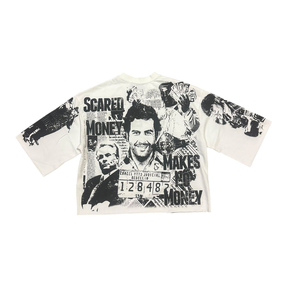 White t-shirt with black graphic design featuring a person and text on a white background