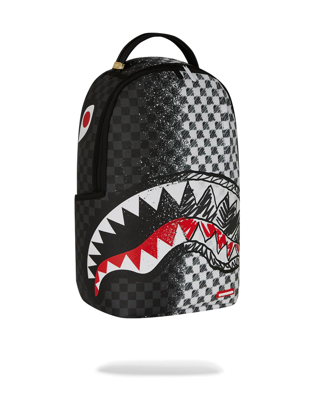 Backpack with checkered pattern and shark mouth design on a white background by the brand sprayground