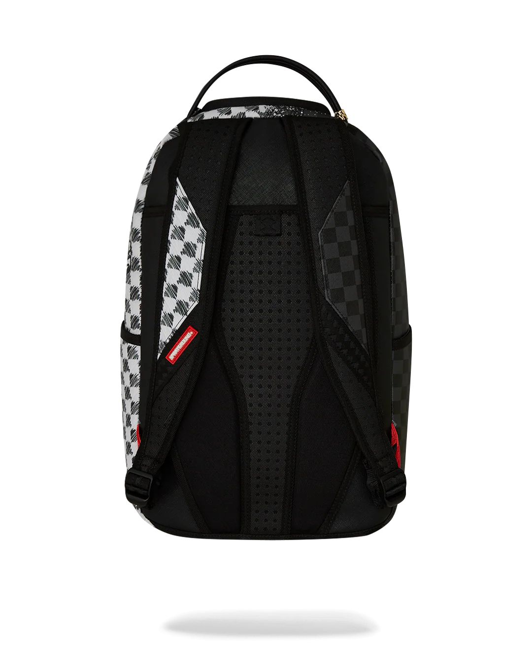Backpack with checkered pattern and shark mouth design on a white background by the brand sprayground