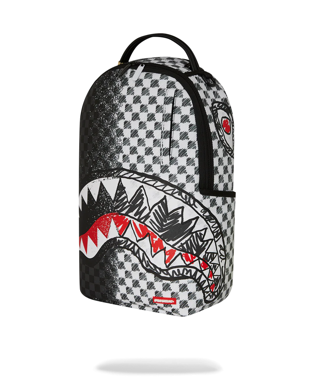 Backpack with checkered pattern and shark mouth design on a white background by the brand sprayground