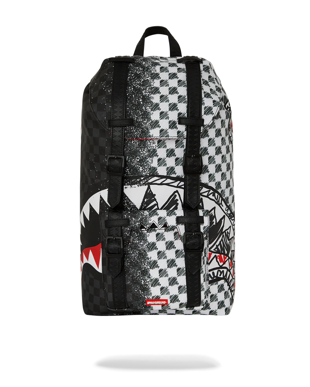 Black and white checkered backpack with a shark logo on a white background by sprayground