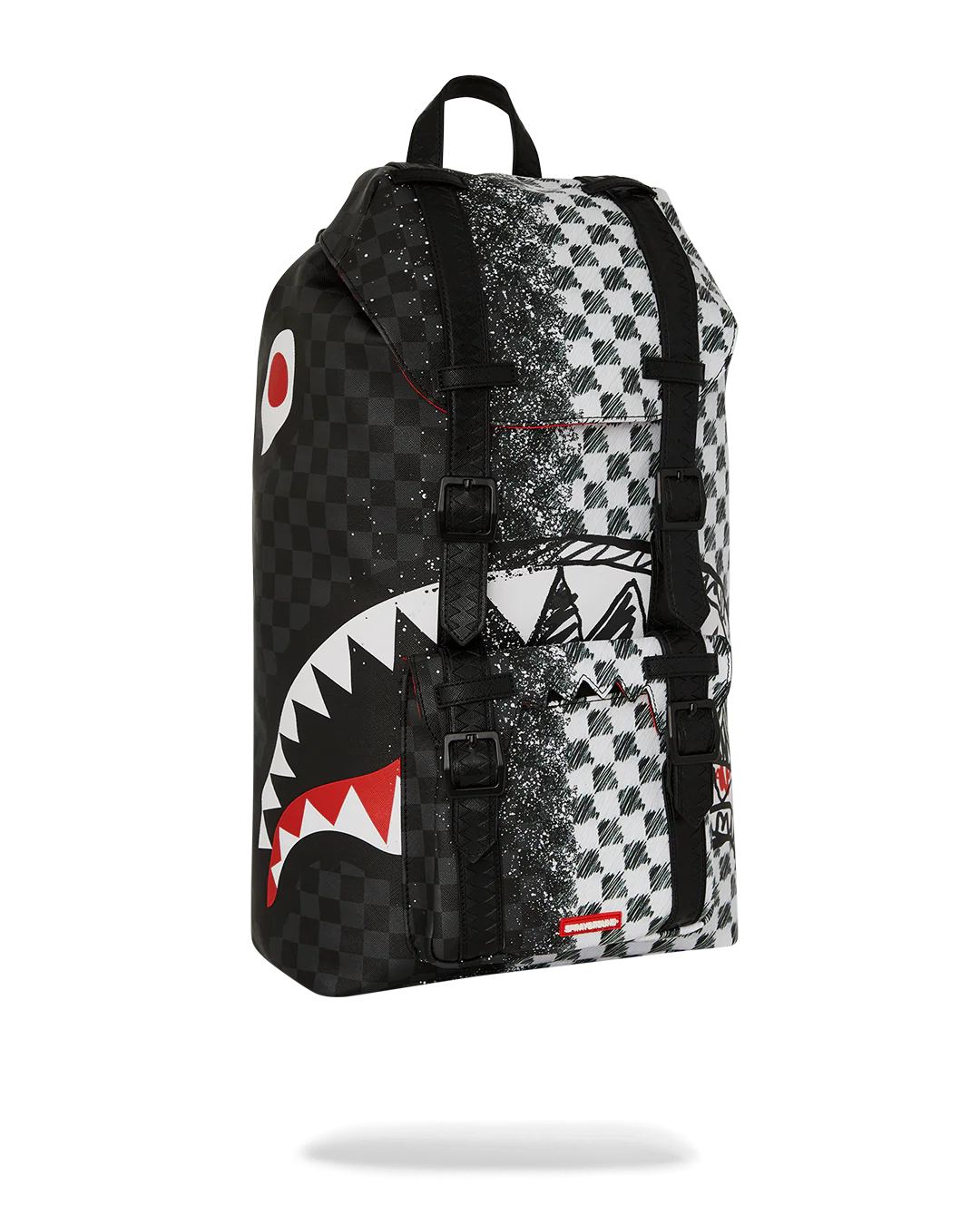 Black and white checkered backpack with a shark logo on a white background by sprayground