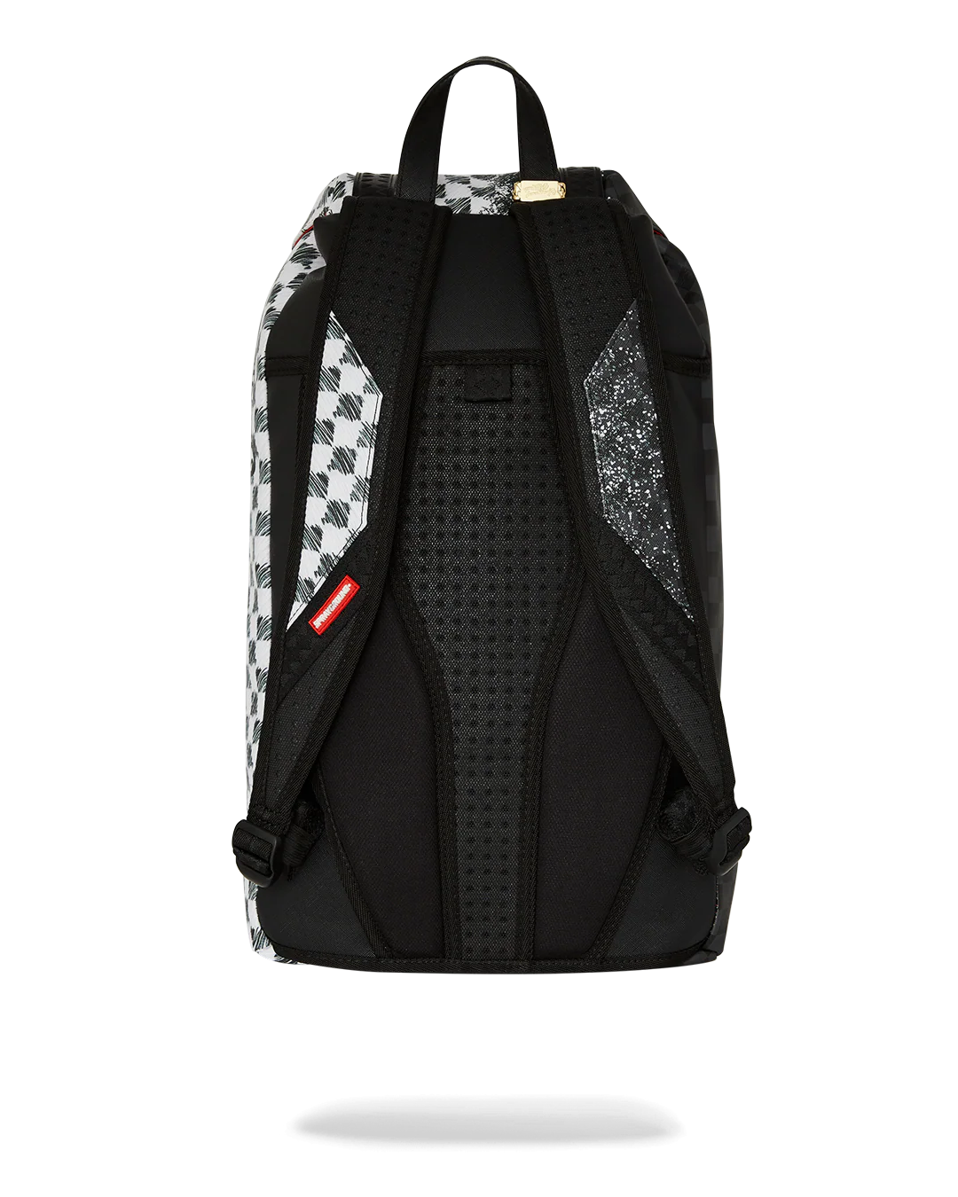 Black and white checkered backpack with a shark logo on a white background by sprayground