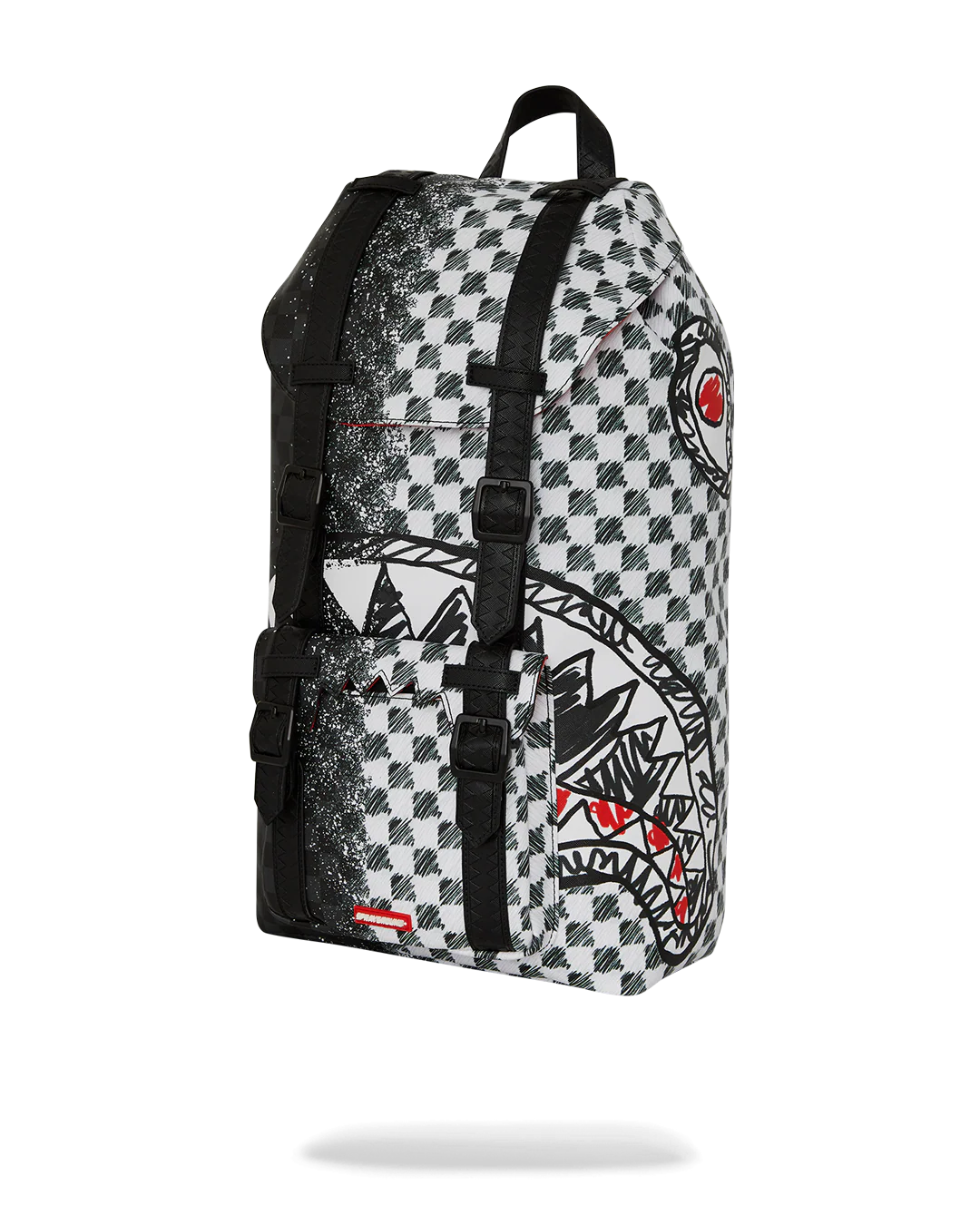 Black and white checkered backpack with a shark logo on a white background by sprayground