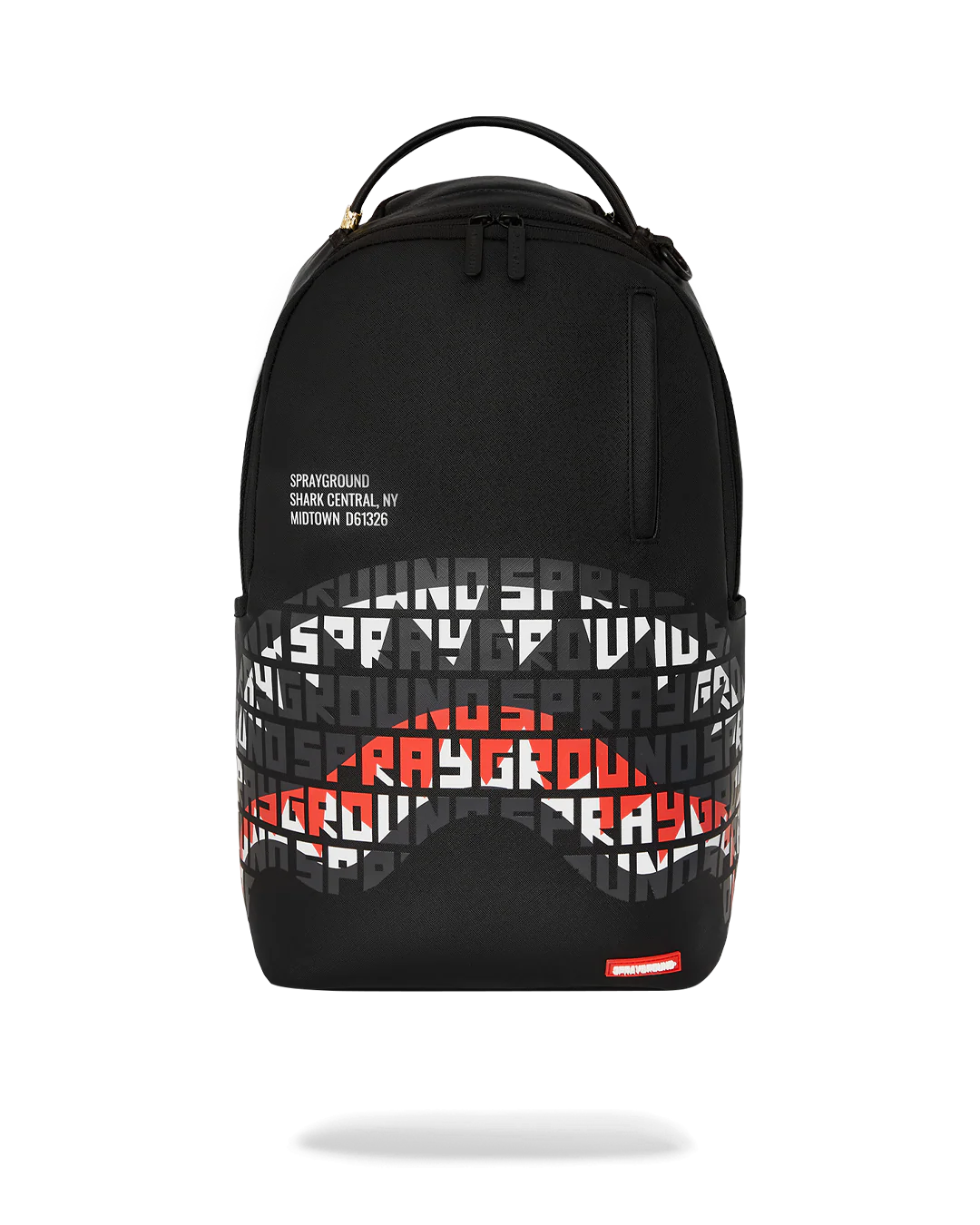 Black backpack with colorful branding on a white background by sprayground