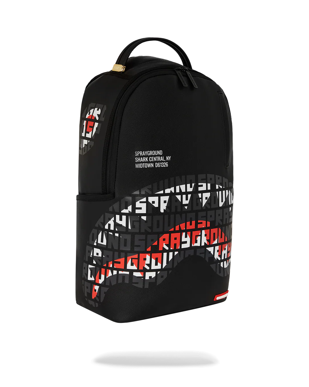 Black backpack with colorful branding on a white background by sprayground