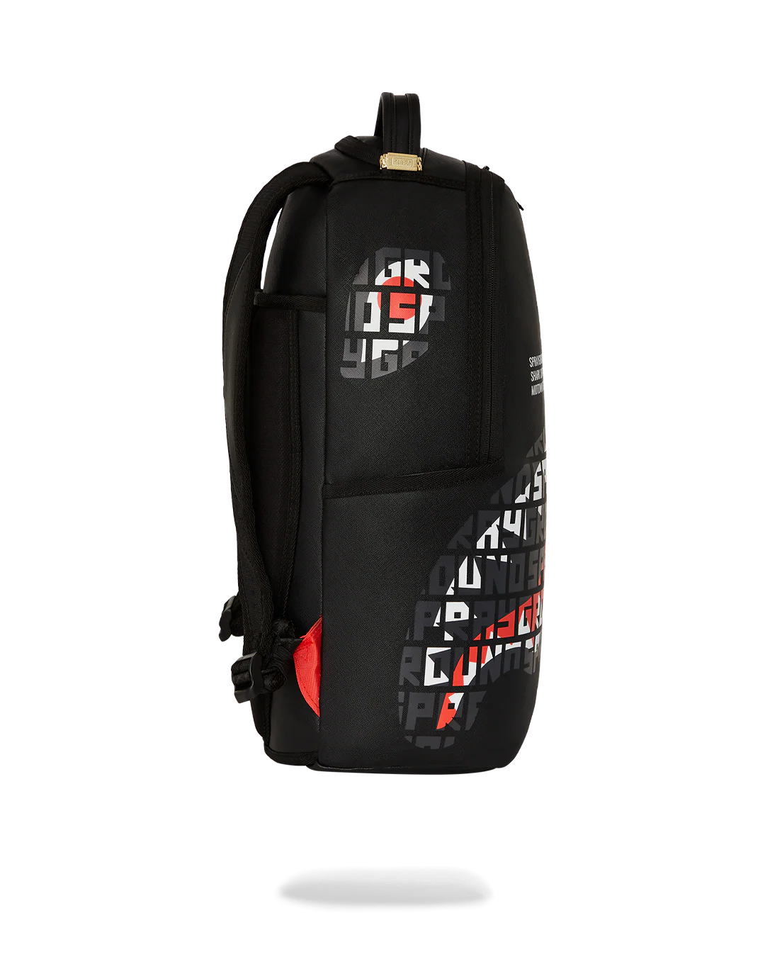 Black backpack with colorful branding on a white background by sprayground